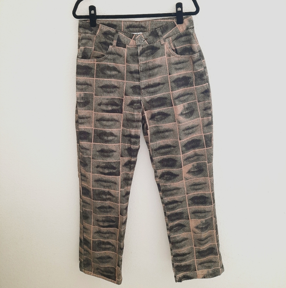 The Ragged Priest Gray Jeans with Pink Grid & Lip Motif